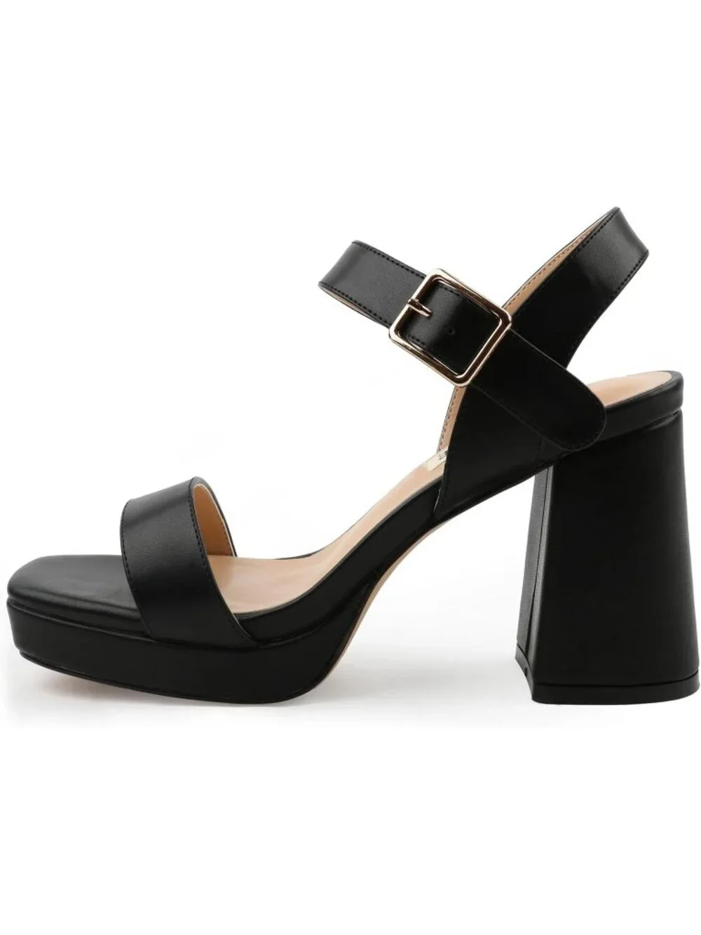 Women's Black Square Open Toe Adjustable Ankle Strap Chunky Block Heel Sandals
